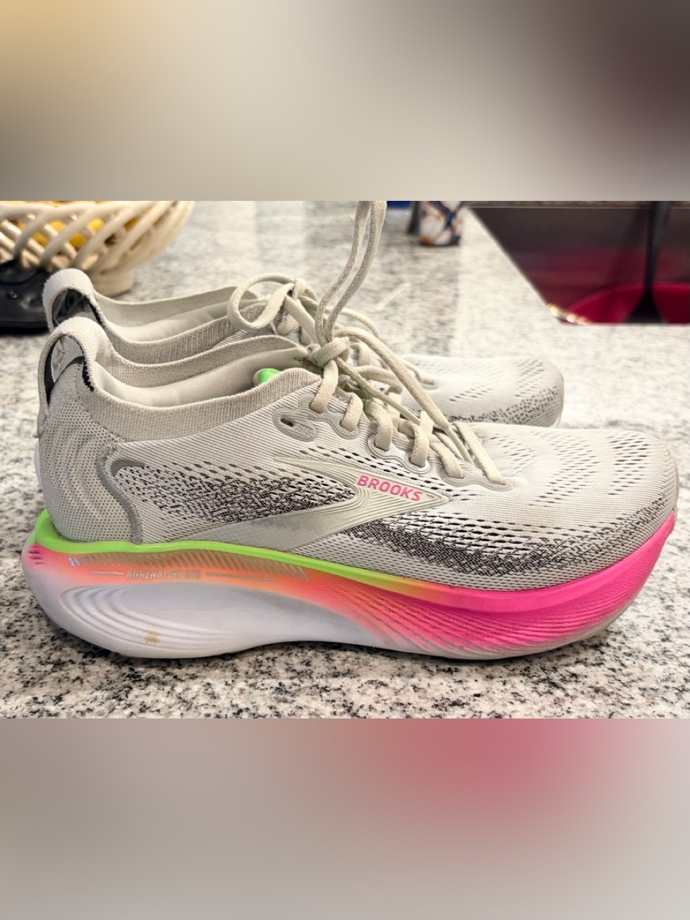 Brooks Adrenaline GTS Running Sneakers Light Gray with Pink & Neon Green Accents